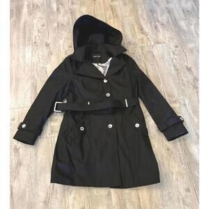 New Women's Black Calvin Klein Black Hooded Trench Coat